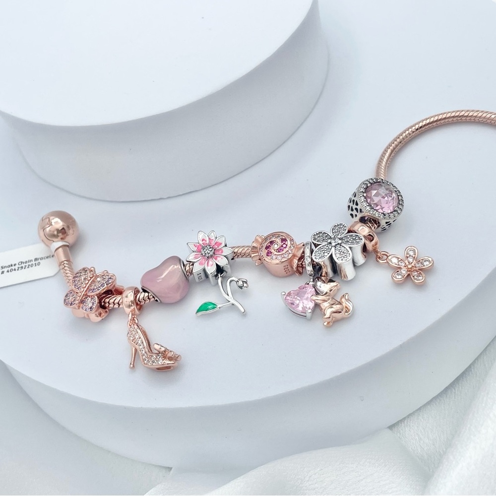 Linx Rose Gold Snake Chain Bracelet with Rose Gold and Pink Themed Charms